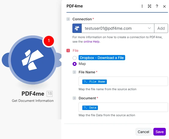 Clicca per ingrandire Crea il modulo PDF4me Ottieni informazioni sul documento mostrando Connessione impostata su testuser01@pdf4me.com, File impostato su Mappa con Dropbox - Opzione Scarica un file visibile, Nome file mappato dal passaggio 7 Nome file e Documento mappato dal passaggio 7 Dati